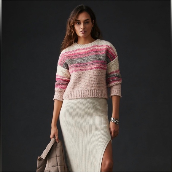 Pilcro by Anthropologie Striped Bouclé Wool Blend Sweater Pink Cream Gray Large - Picture 2 of 7